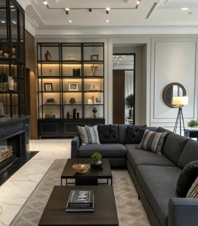 كنبة ميدنايت بريستيج ركنة زاوية بتصميم فاخر, يضفي عمقًا وأناقة على المساحة،