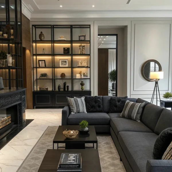 كنبة ميدنايت بريستيج ركنة زاوية بتصميم فاخر, يضفي عمقًا وأناقة على المساحة،