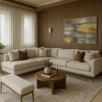 ركنة فلوت خشب زان ,بقاعدة سويدي حرف L بتصميم فاخر ومتين ,يمنح منزلك لمسة طبيعية أنيقة،