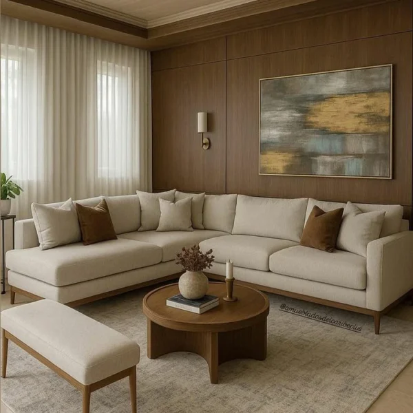 ركنة فلوت خشب زان ,بقاعدة سويدي حرف L بتصميم فاخر ومتين ,يمنح منزلك لمسة طبيعية أنيقة،