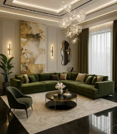 ركنة إميرالد مودرن حرف L من المخمل الأخضر الملكي تجمع بين الفخامة والراحة،