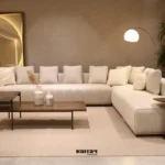 كنب زاوية روكي, لون بيج قماش فاخر, ناعم الملمس