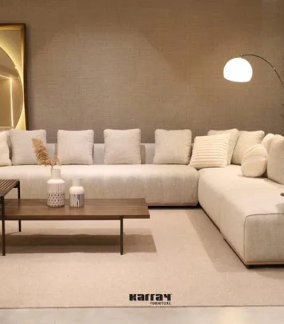 كنب زاوية روكي, لون بيج قماش فاخر, ناعم الملمس