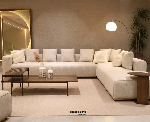 كنب زاوية روكي, لون بيج قماش فاخر, ناعم الملمس