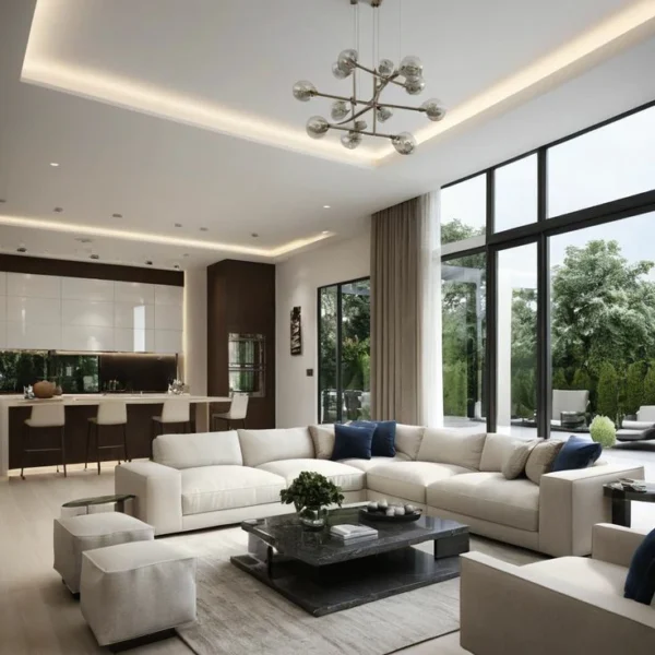 كنب زاوية ليفو بلون أبيض تصميم مودرن أنيق, يوفر راحة عالية ومساحة جلوس واسعة،